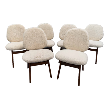Set of 6 Danish teak chairs covered with bouclé sheepskin fabric.