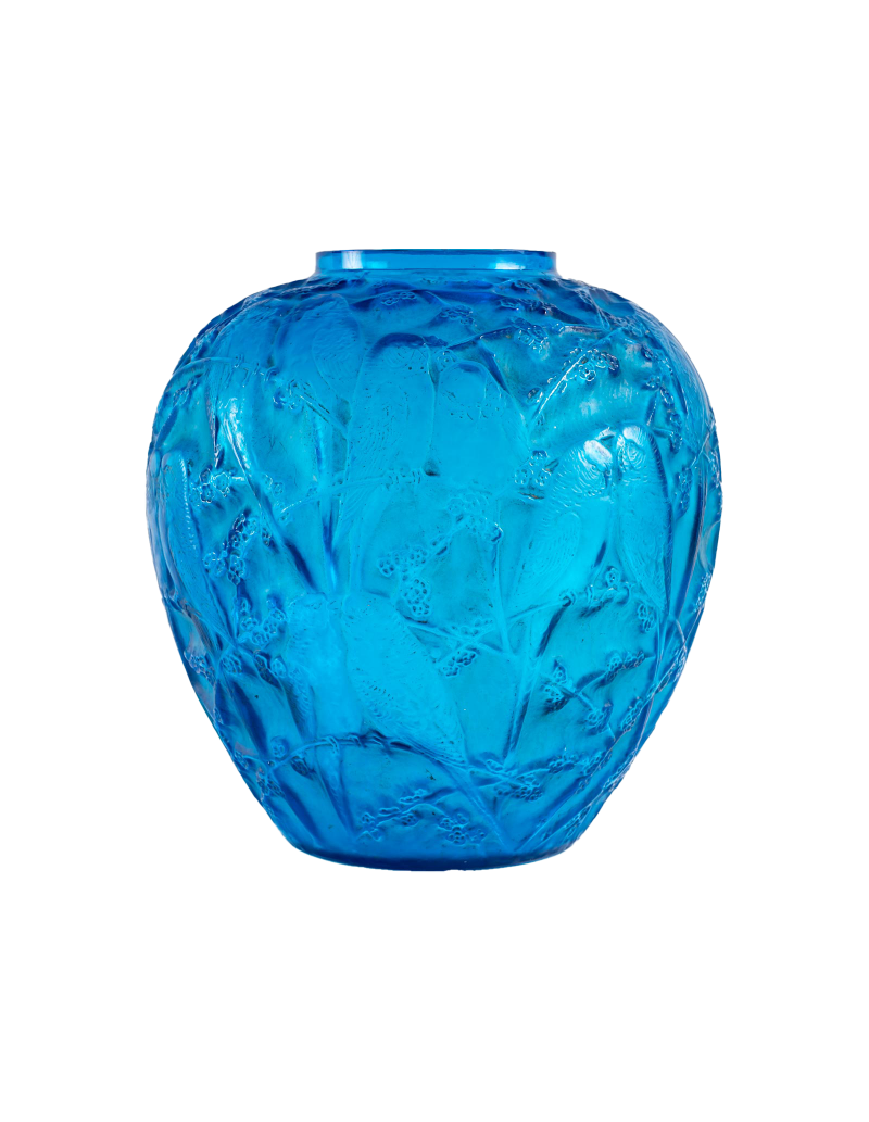 René Lalique (1860-1945) : Vase " Perruches " Verre Bleu