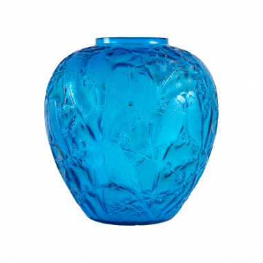 René Lalique (1860-1945) : Vase " Perruches " Verre Bleu