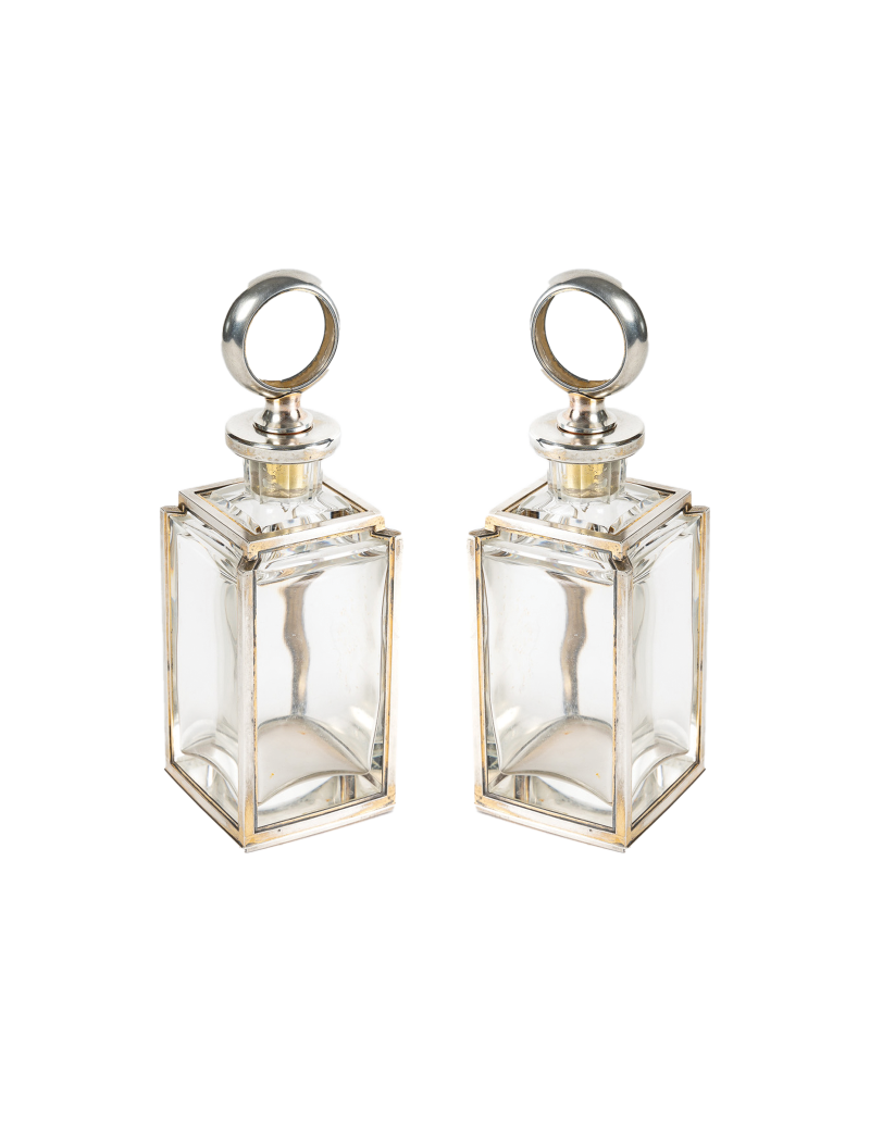 Lucien Falize : Pair of square section flasks in sterling silver and crystal circa 1905