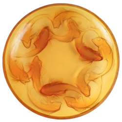 René LALIQUE , Plat "Martigues » en verre Teinté Butterscotsh