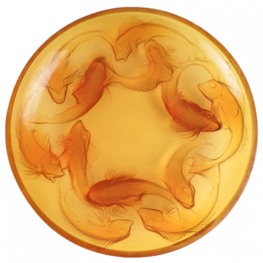 René LALIQUE , Plat "Martigues » en verre Teinté Butterscotsh