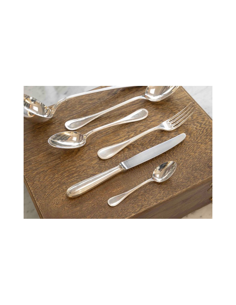 Christofle “Perles” flatware set for 12 people (62 pieces) in silver-plated metal, in its chest